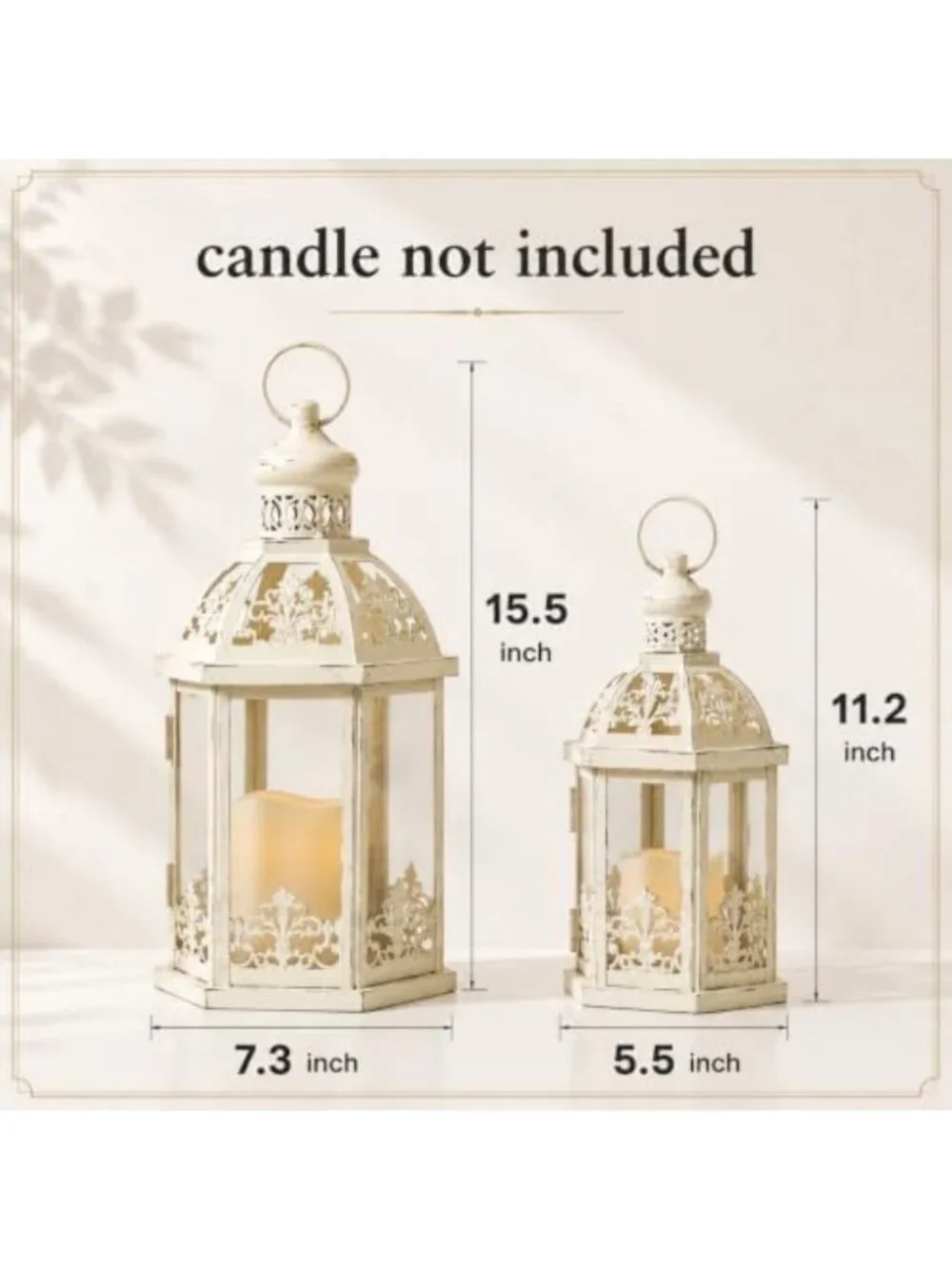 Set of 2 Beige Metal Lanterns for Indoor & Outdoor Decor - Candle Holders for